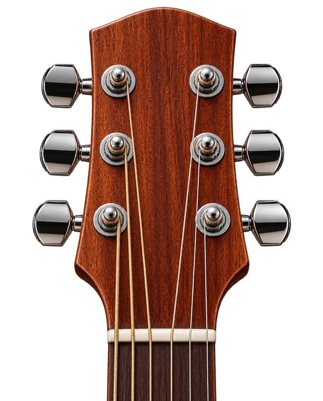 Six-string mahogany acoustic guitar headstock