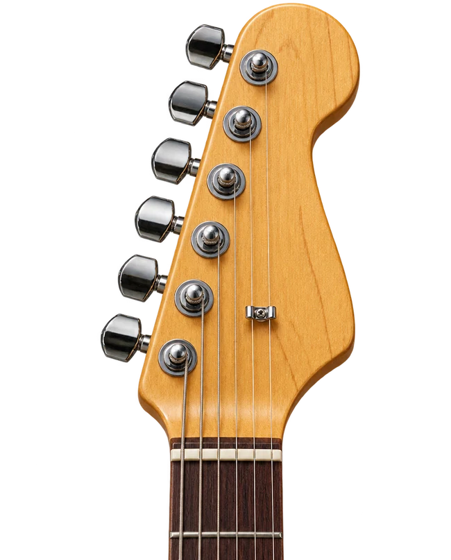 Six-string electric guitar headstock